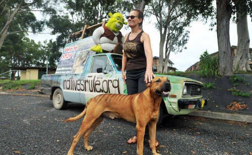 Forest saviour Frances Pike and Buster, the Tasmanian tiger dog, stop off in Coffs. Forest saviour Frances Pike and Buster, the Tasmanian tiger dog, stop off in Coffs.
